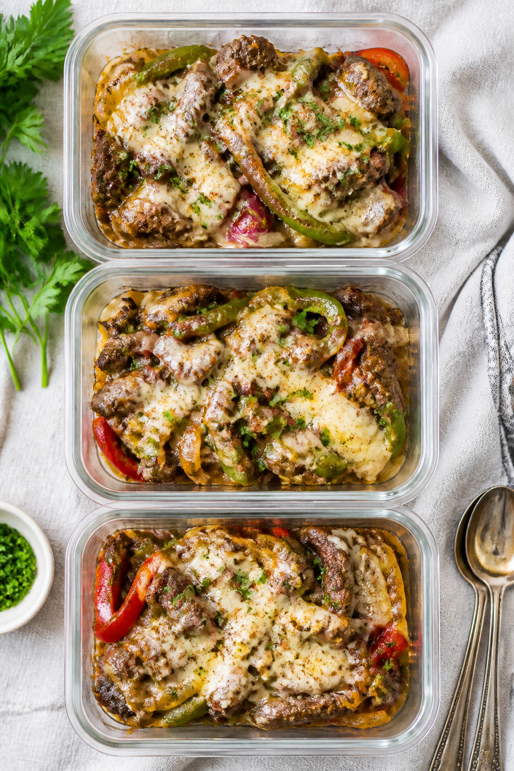 Tasty top view: Overhead shot of keto Philly cheesesteak mixture just after melting the provolone—