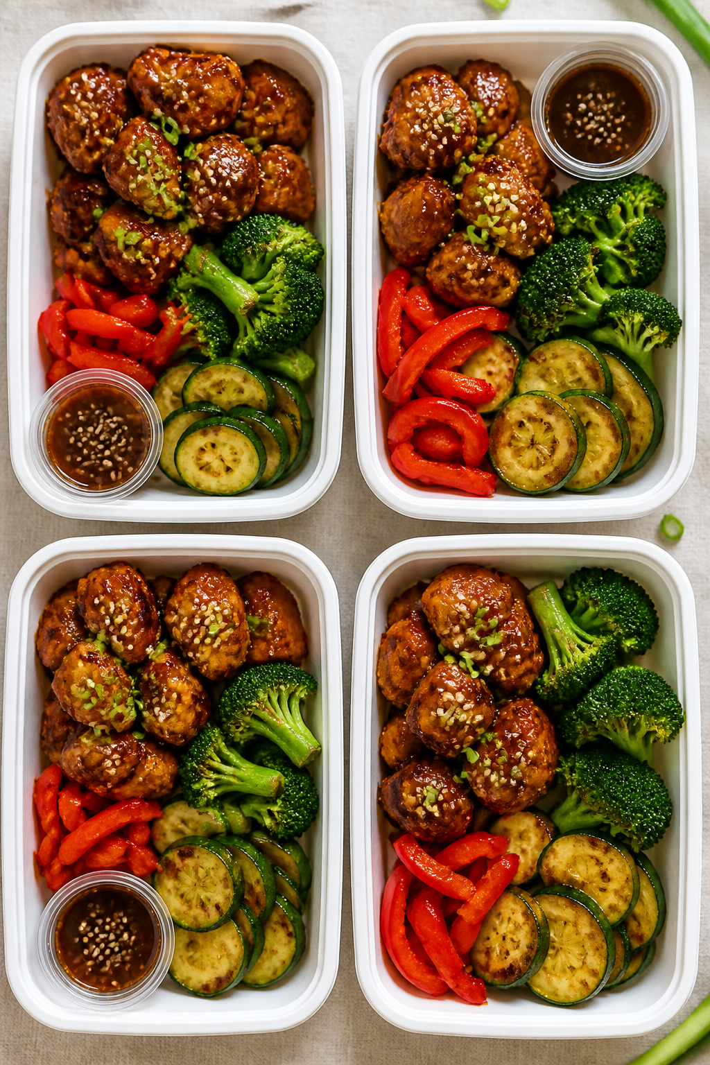 Tasty top view: Overhead shot of keto teriyaki chicken meal prep containers neatly arranged in a gri