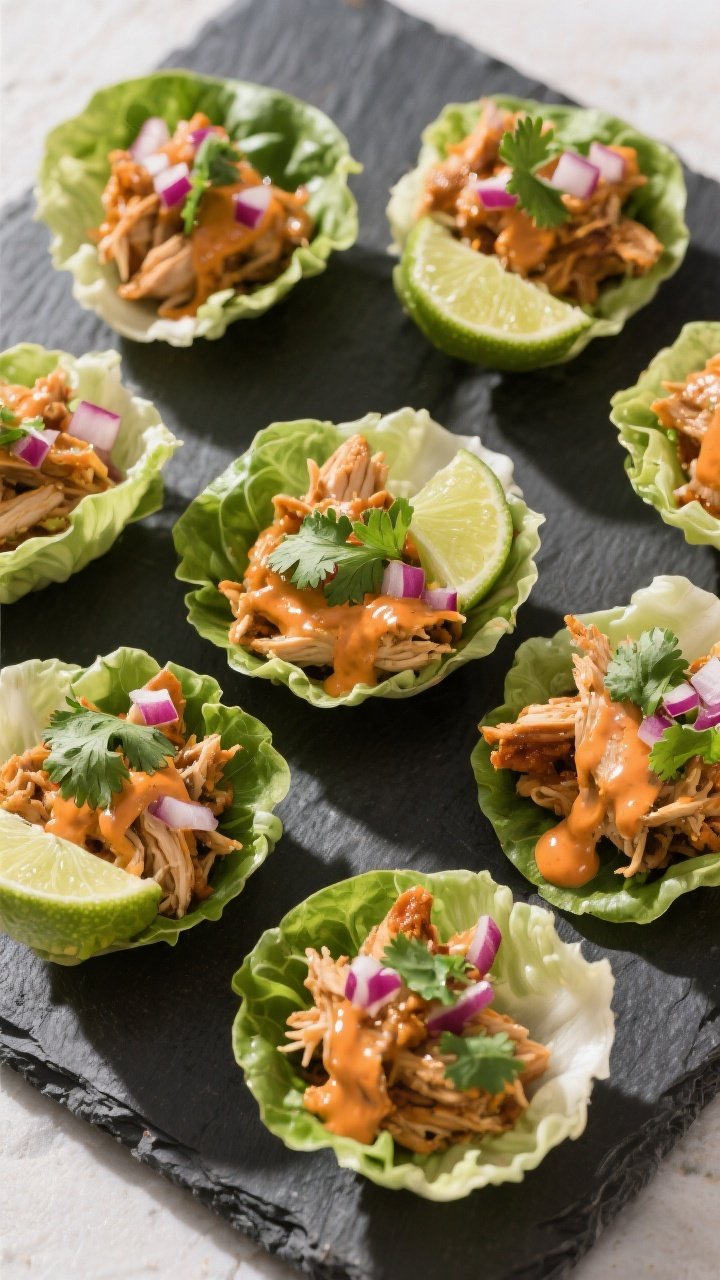 Tasty top view: Overhead shot of lettuce cups filled with chipotle ranch shredded chicken, glossy an