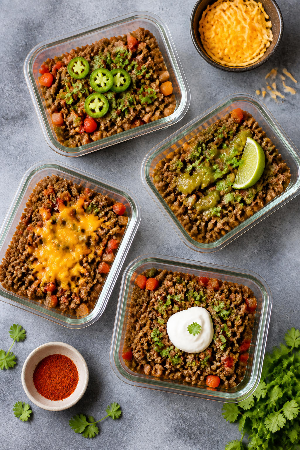 Tasty top view: Overhead shot of meal-prep containers filled with keto beef taco skillet, evenly por