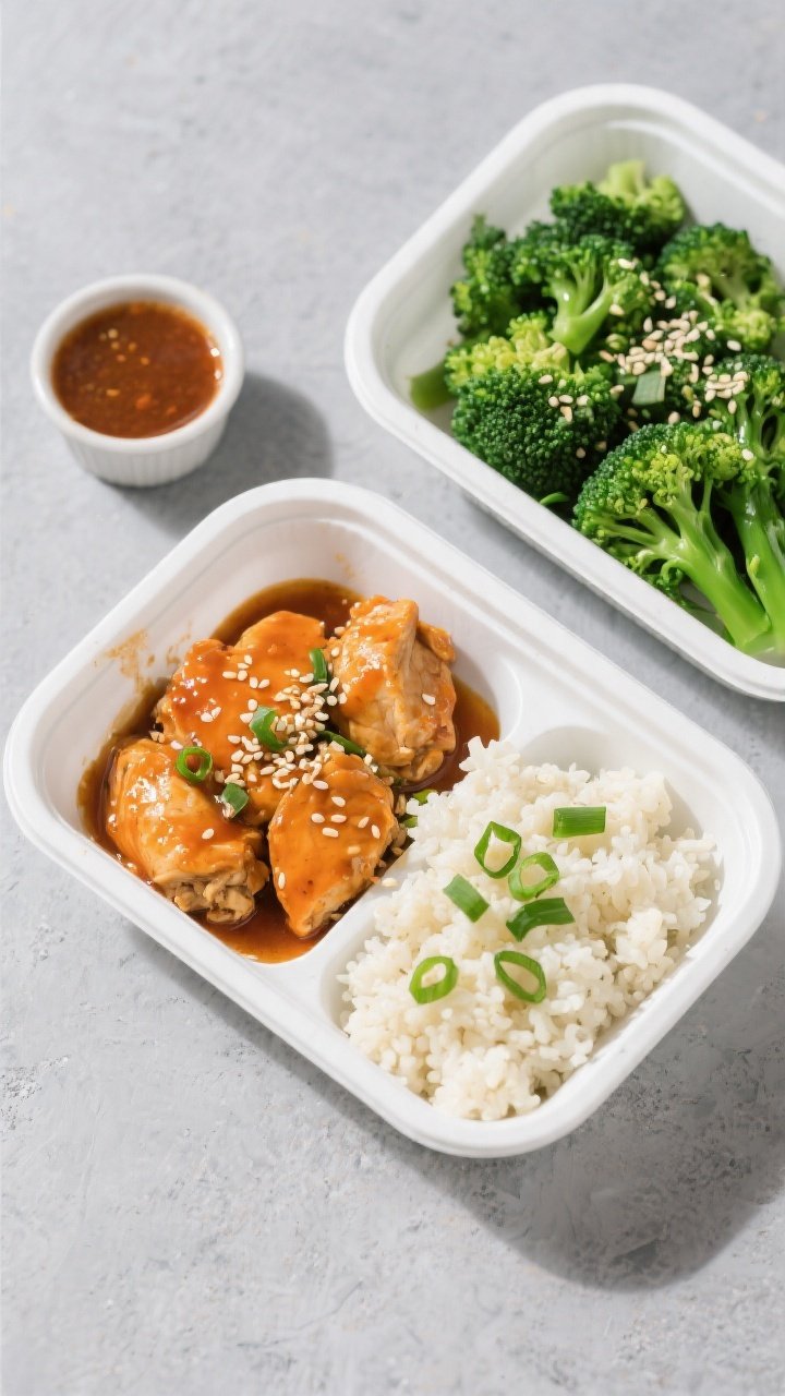 Tasty top view: Overhead shot of meal-prep containers neatly portioned—saucy orange chicken on one