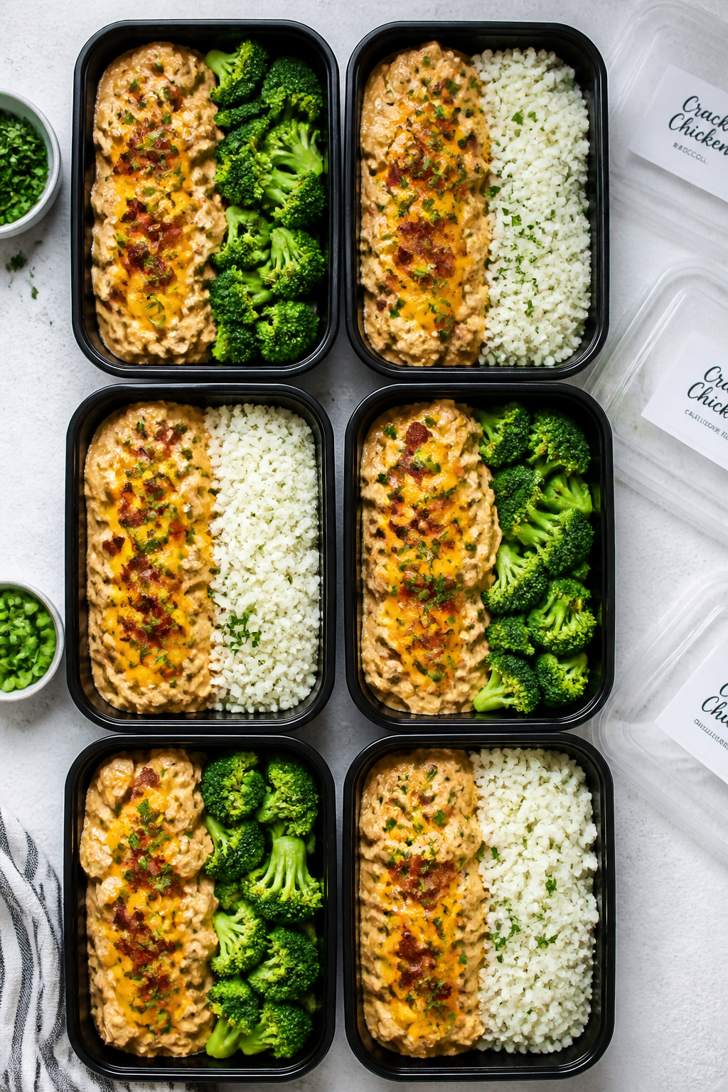 Tasty top view: Overhead shot of meal-prep containers neatly arranged, each filled half with creamy 