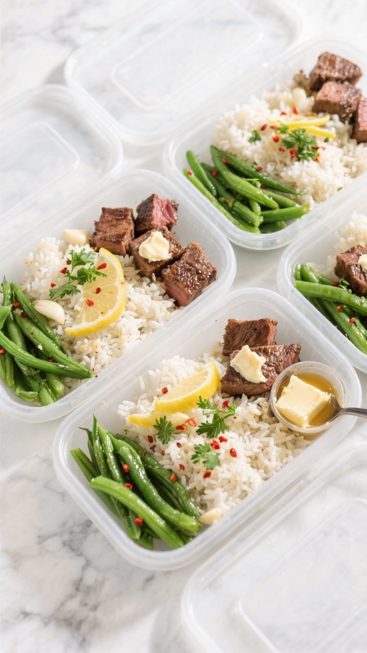 Tasty top view: Overhead shot of meal-prep containers neatly portioned—garlic butter steak bites o