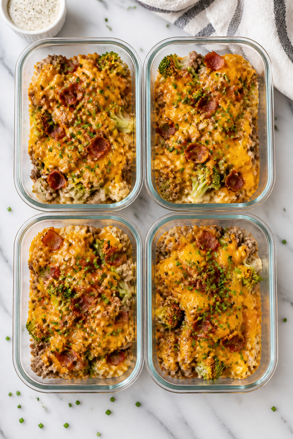 Tasty top view: Overhead shot of meal-prepped portions of Keto Crack Beef Casserole divided into 4 a
