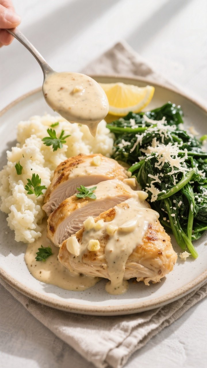 Tasty top view: Overhead shot of Million Dollar Keto Garlic Chicken plated with a generous spooning 