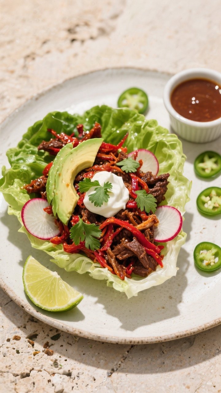 Tasty top view: Overhead shot of shredded spicy Mexican beef nestled in crisp romaine lettuce cups, 