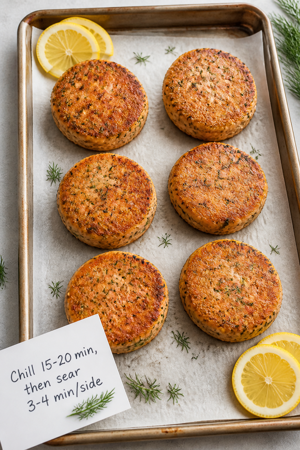 Tasty top view: Overhead shot of six evenly browned salmon patties on a parchment-lined sheet pan, s