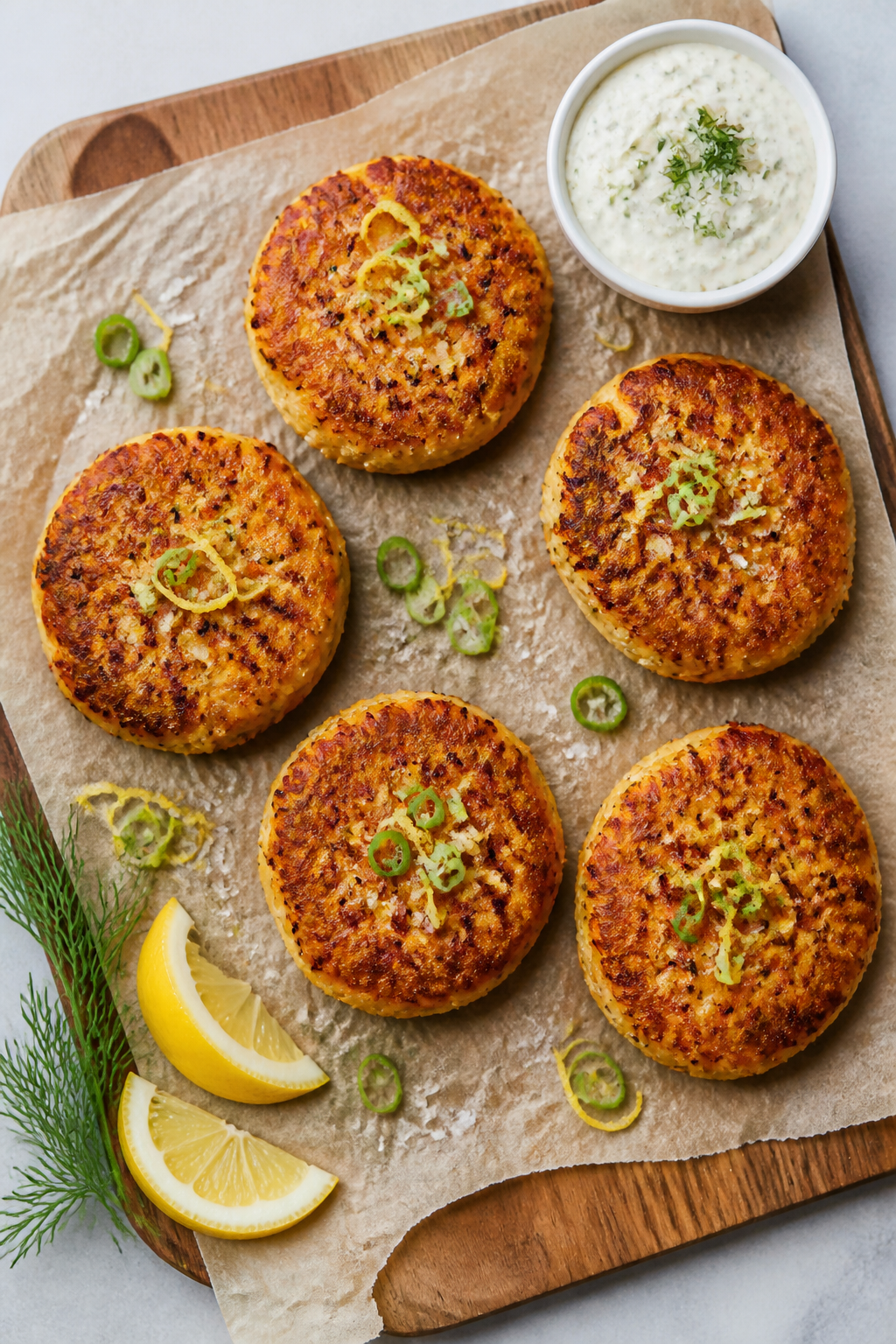 Tasty top view: Overhead shot of six keto salmon cakes just rested on a parchment-lined board, each 