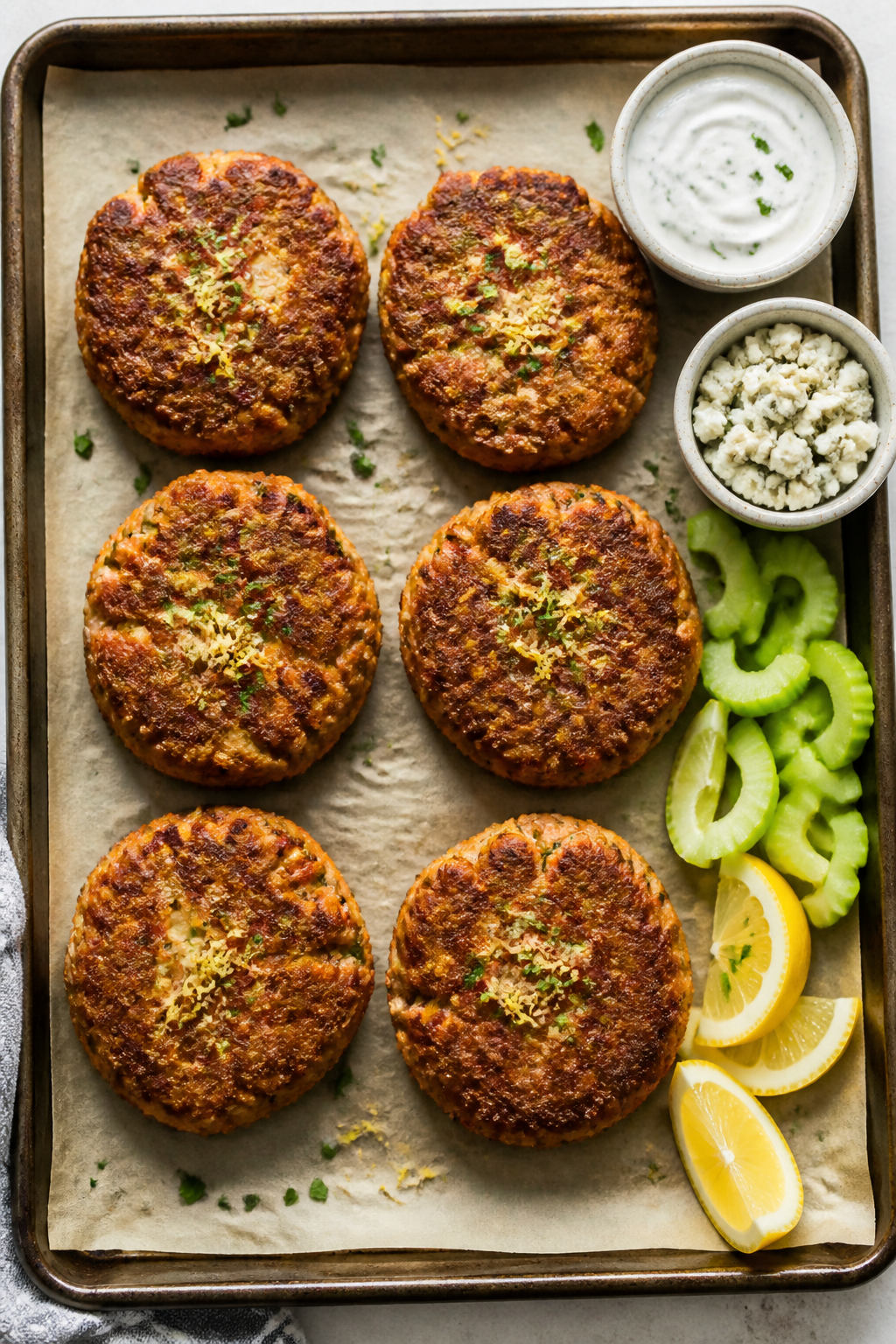 Tasty top view: Overhead shot of six medium salmon cakes arranged on a parchment-lined sheet pan jus