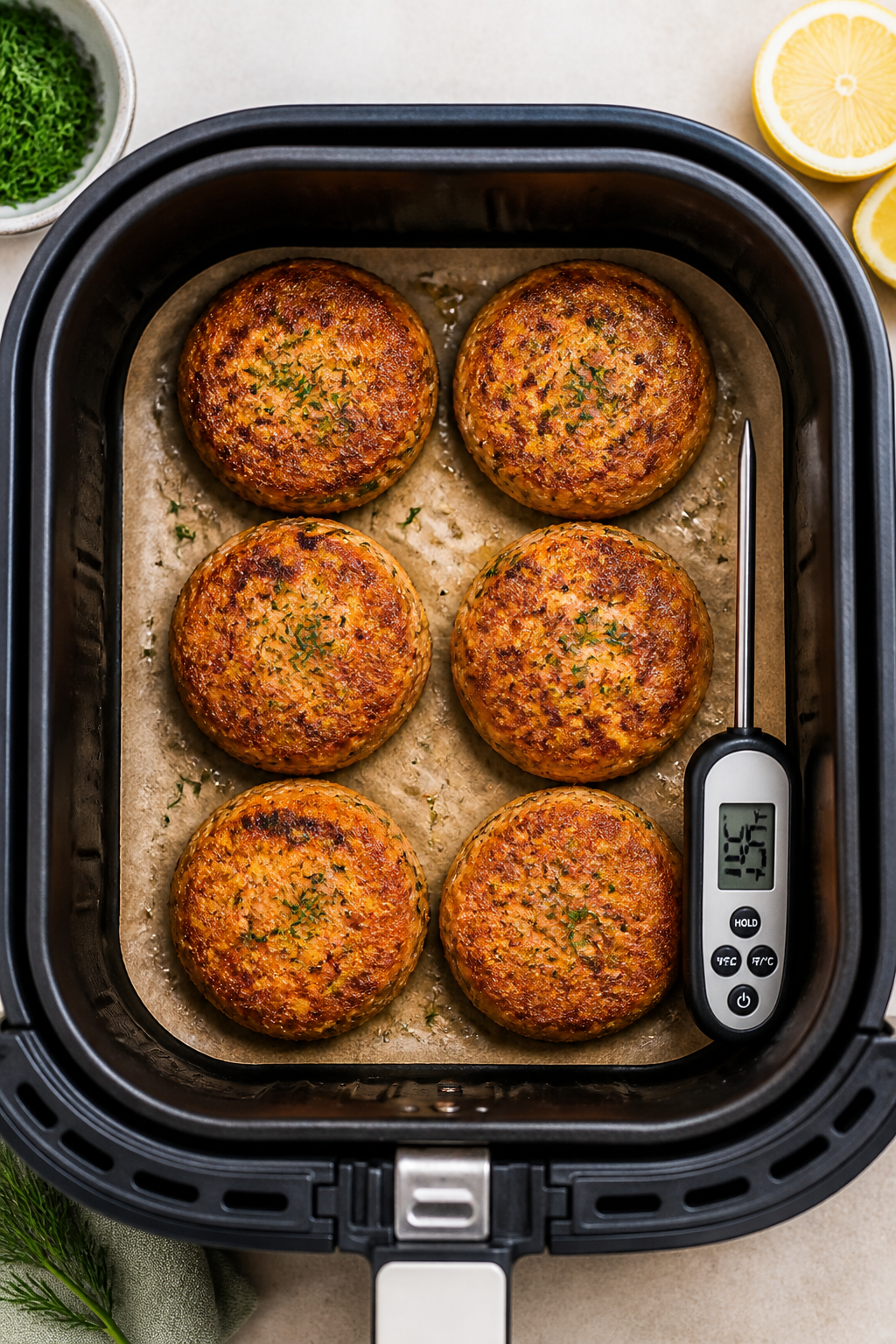 Tasty top view: Overhead shot of six medium salmon patties arranged in a neat grid on parchment in t