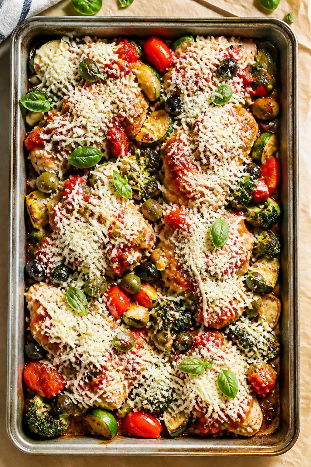 Tasty top view: Overhead shot of the assembled one-pan bake mid-process just after the “cheese tim