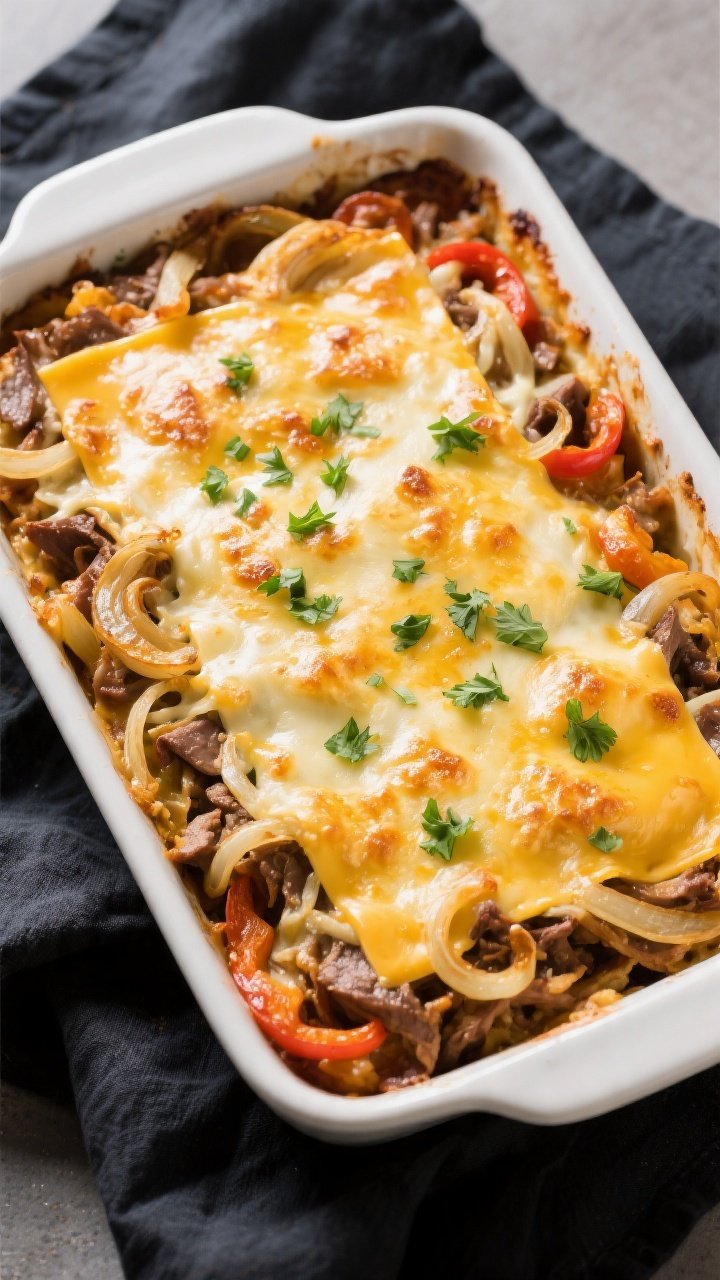 Tasty top view: Overhead shot of the baked Low Carb Philly Cheesesteak Casserole just out of the ove