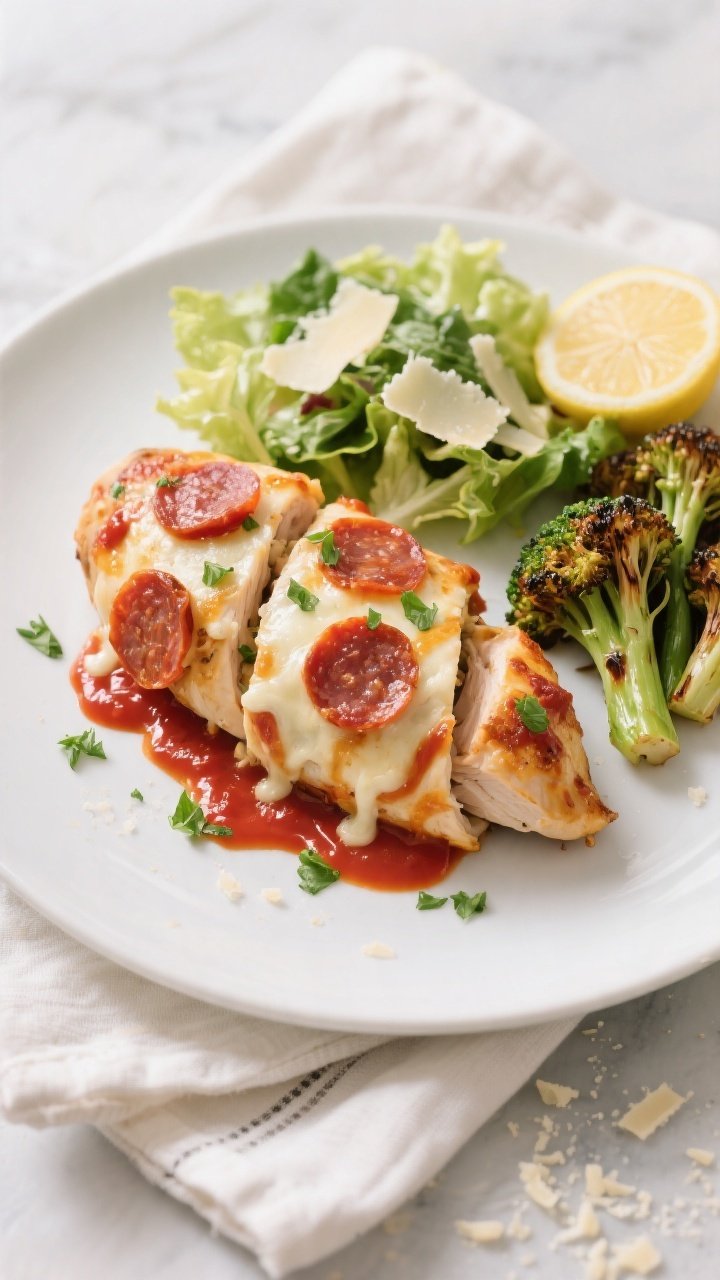 Tasty top view: Overhead shot of the final plated Keto Pizza Stuffed Chicken Breast on a matte white