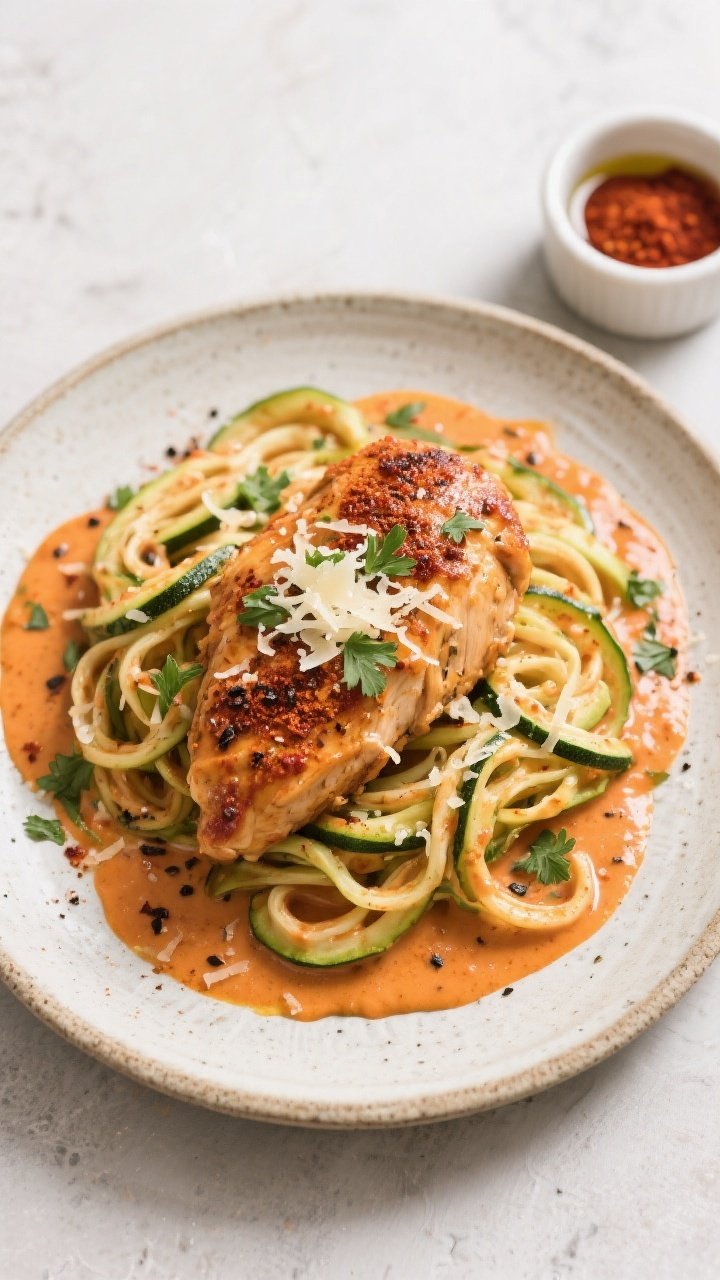 Tasty top view: Overhead shot of the finished Cajun chicken served over zucchini noodles in a shallo