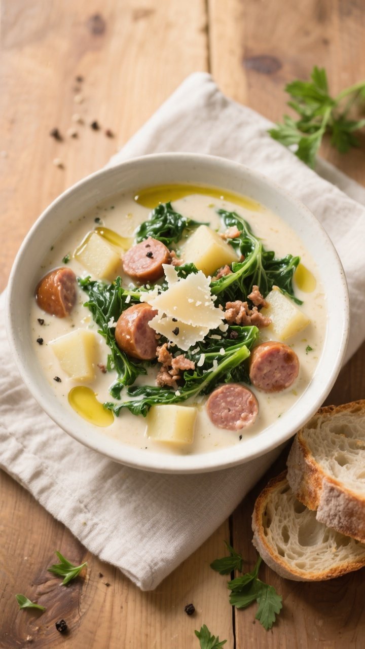 Tasty top view — Overhead shot of the finished Easy Creamy Sausage Soup in a wide, off-white soup 