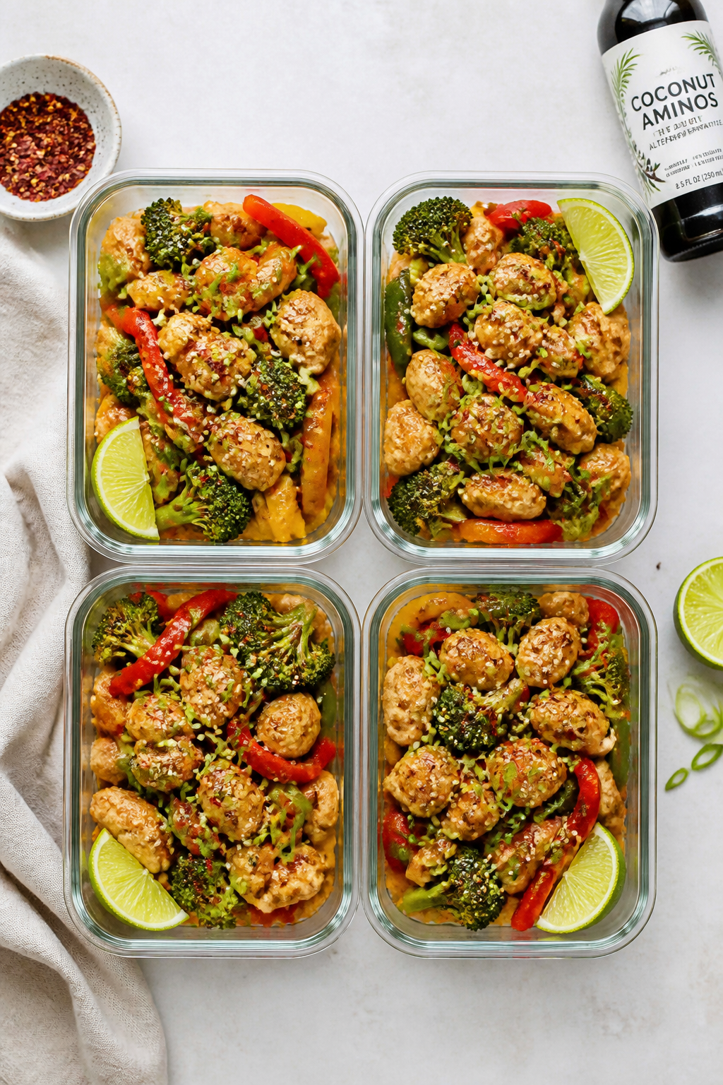 Tasty top view: Overhead shot of the finished Easy Keto Chicken Stir Fry portioned into four neat gl