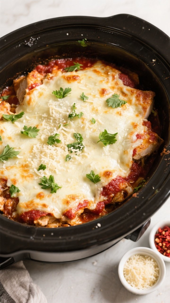 Tasty top view: Overhead shot of the finished Keto Crockpot Chicken Parmesan Casserole in the slow c