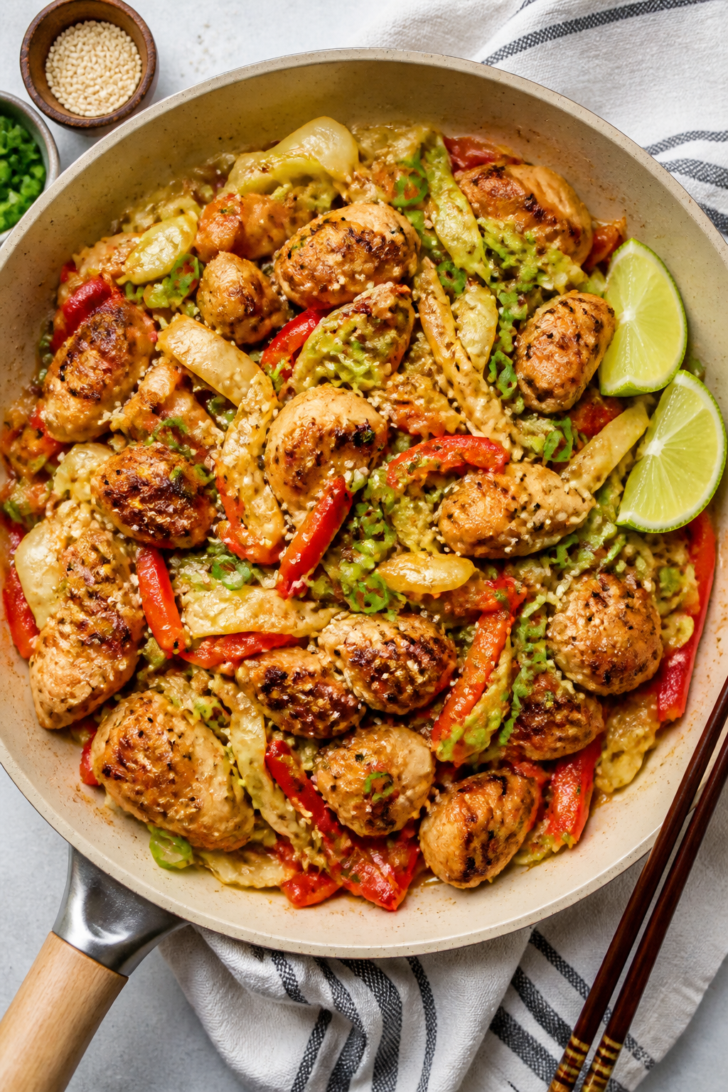Tasty top view: Overhead shot of the finished Keto Chicken Cabbage Stir Fry in a wide, shallow skill