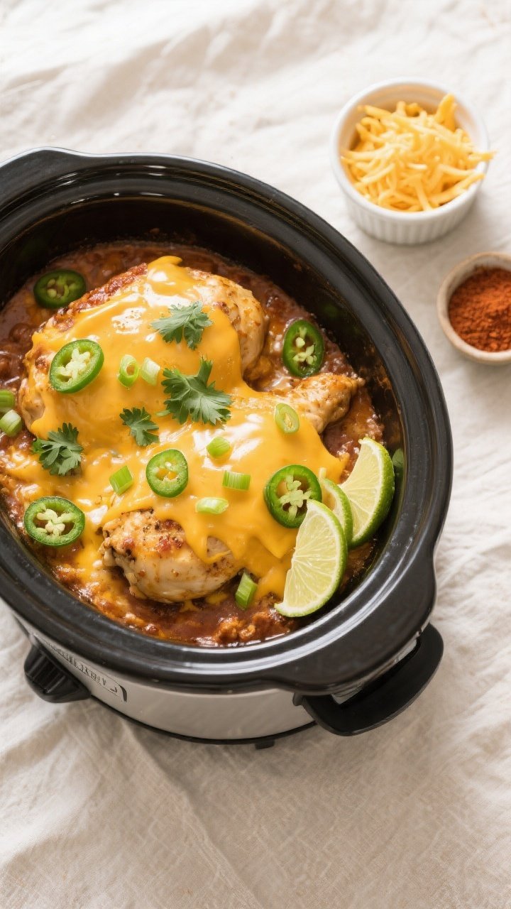 Tasty top view: Overhead shot of the finished Keto Crockpot Jalapeño Cheddar Chicken in the slow co