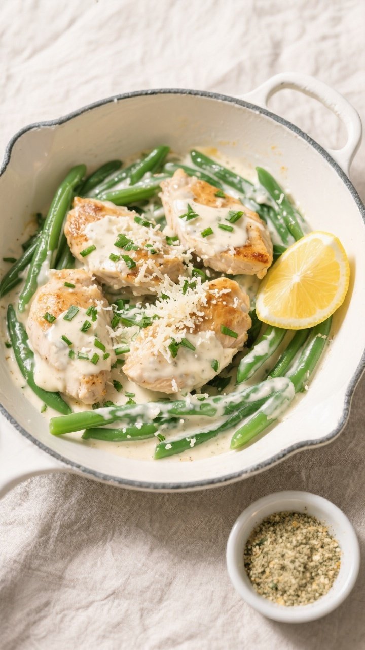 Tasty top view: Overhead shot of the finished Keto Ranch Chicken & Green Beans served family-style i