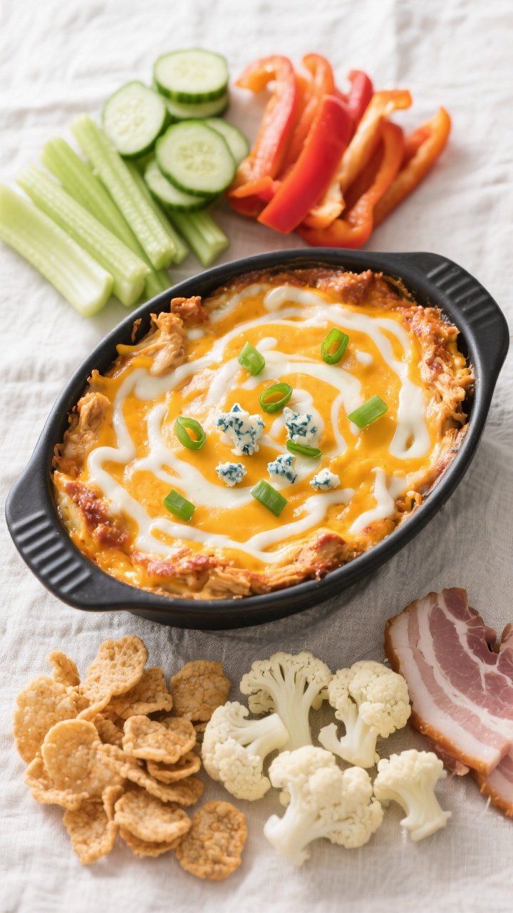 Tasty top view: Overhead shot of the finished Keto Crockpot Buffalo Chicken Dip served family-style 