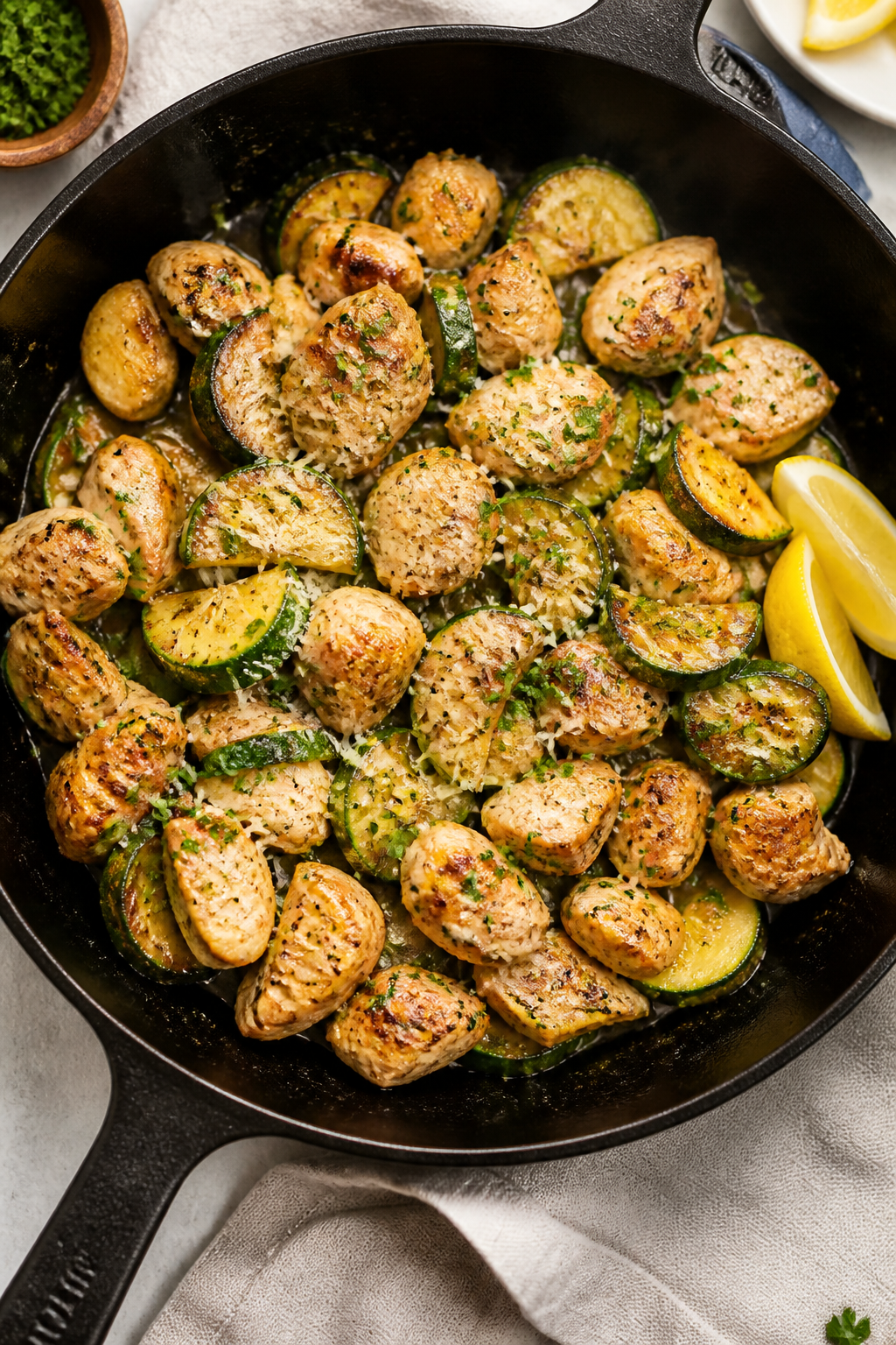 Tasty top view: Overhead shot of the finished Keto Garlic Parmesan Chicken and Zucchini in the skill
