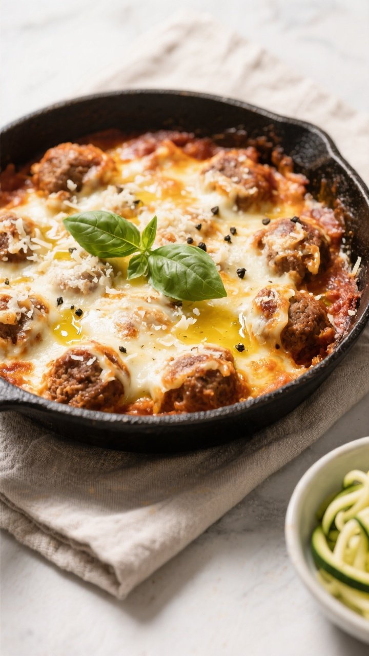 Tasty top view: Overhead shot of the finished Meatball Parmesan Skillet fresh from the oven—blanke
