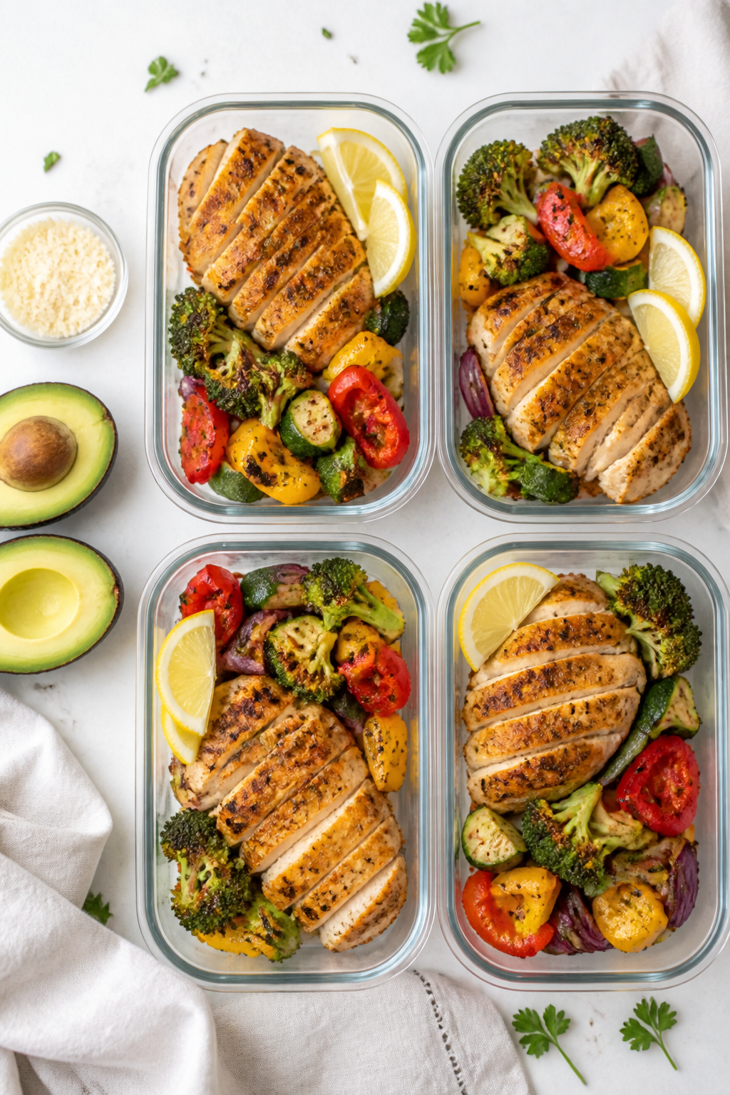 Tasty top view: Overhead shot of the finished One Pan Keto Chicken and Veggies divided into sleek gl