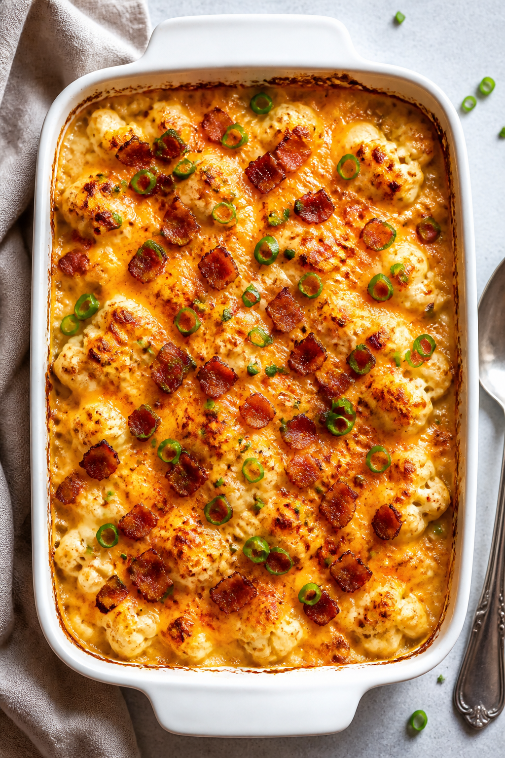 Tasty top view: Overhead shot of the Keto Loaded Cauliflower Casserole just out of the oven in a 9x1