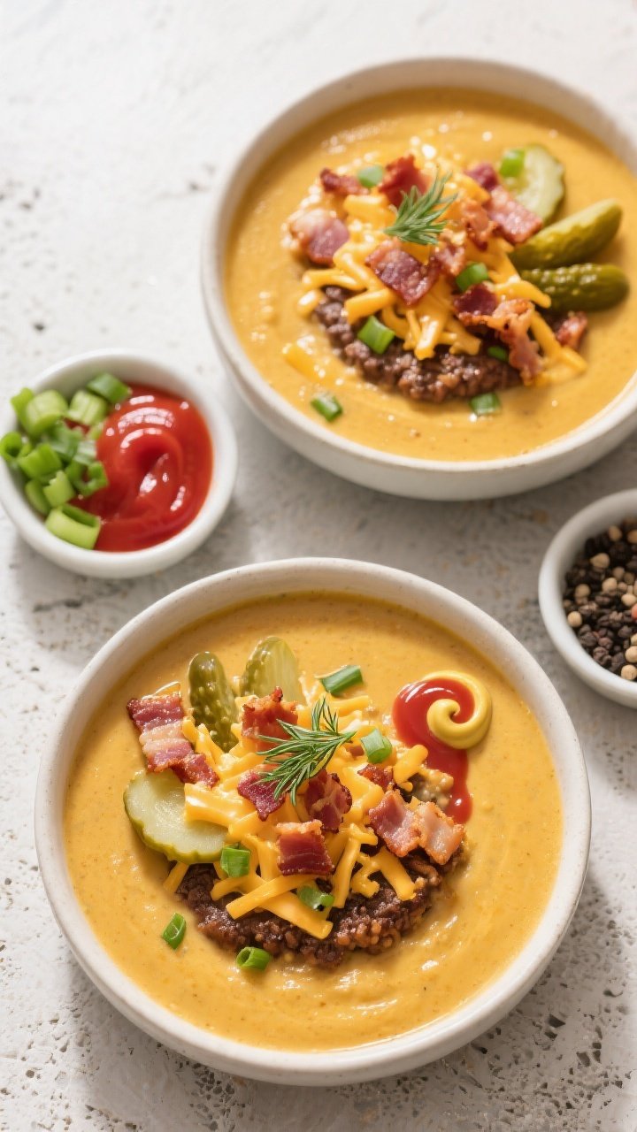 Tasty top view: Overhead shot of two bowls of finished bacon cheeseburger soup on a neutral stone su