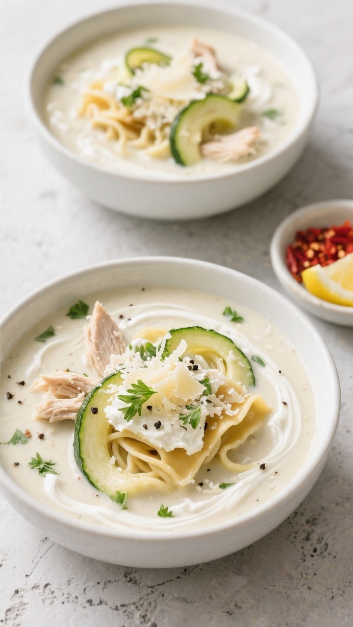 Tasty top view: Overhead shot of two bowls of Keto Crockpot Creamy White Lasagna Soup on a light sto