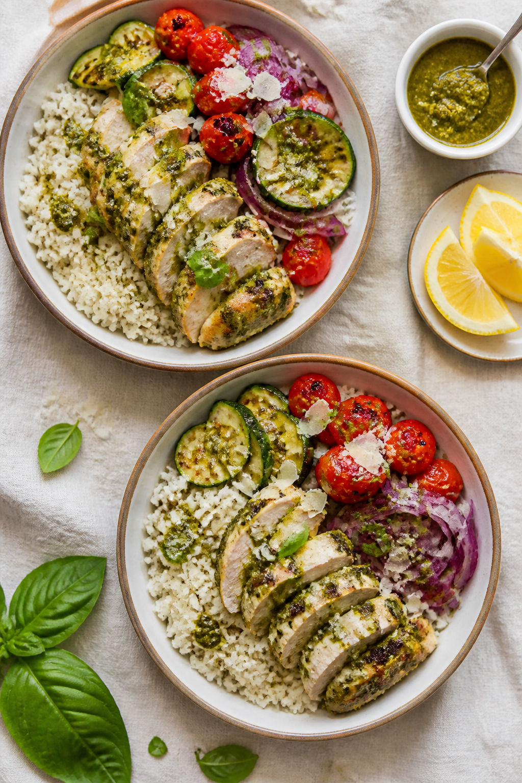 Tasty top view, overhead shot: Overhead image of assembled keto chicken pesto bowls for two on a lig