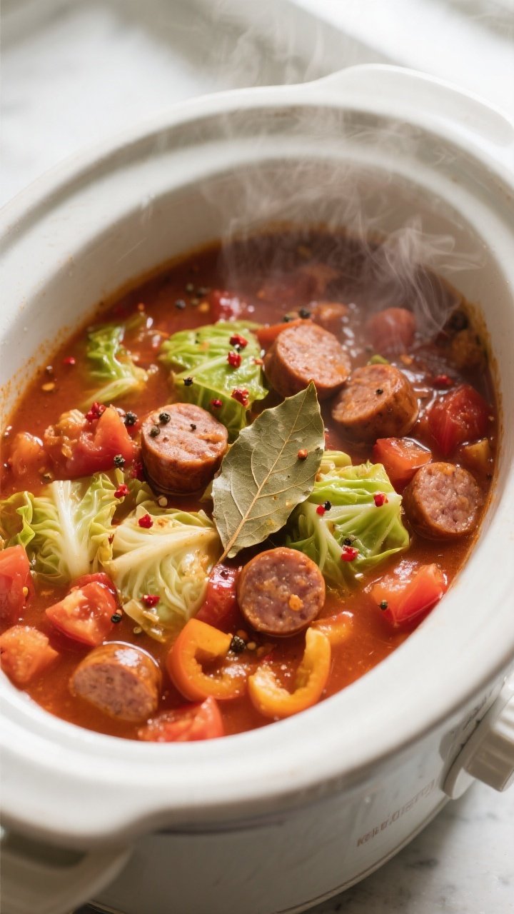 Tasty top view, overhead shot: Overhead of the Keto Crockpot Sausage & Cabbage Stew in the slow cook