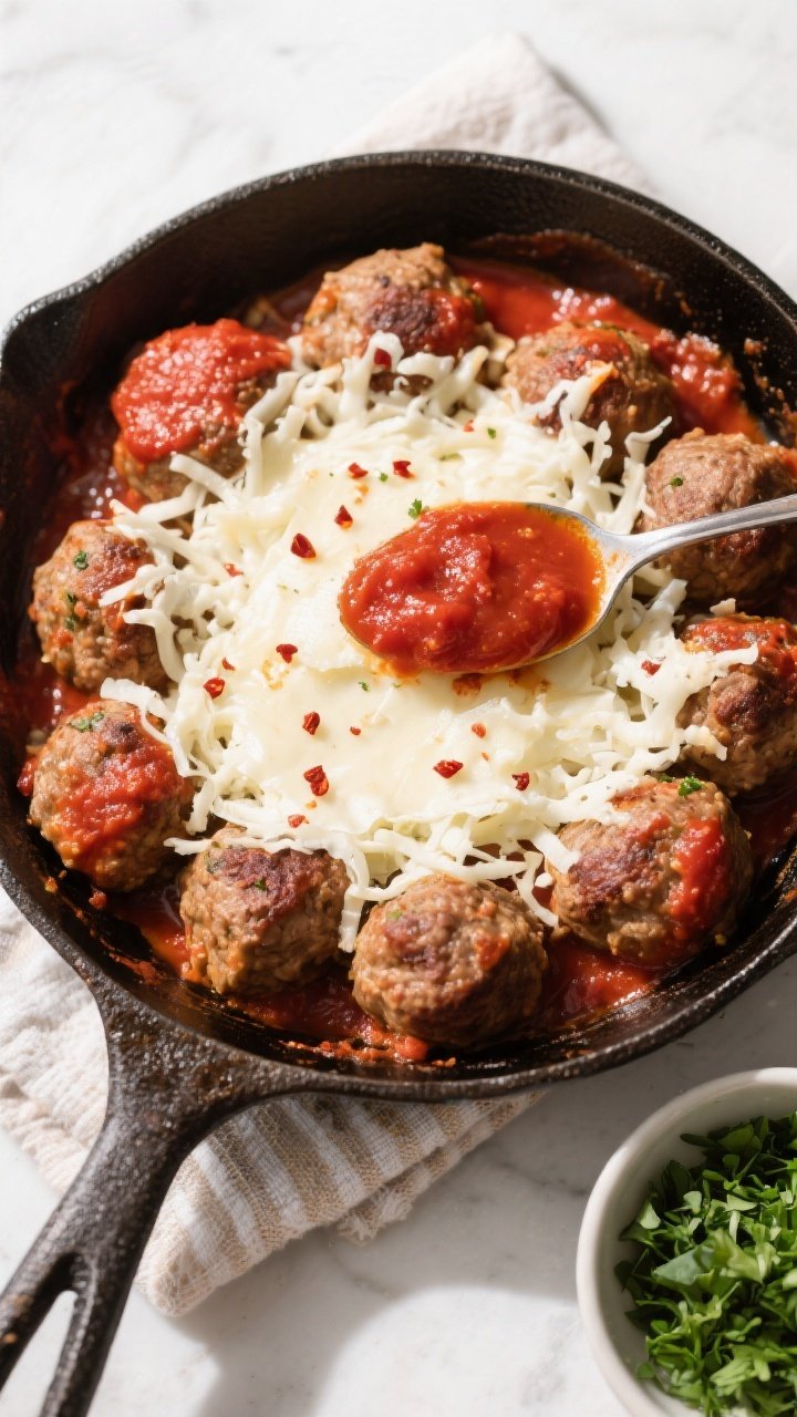 Tasty top view process: Overhead shot of the broil step—meatballs arranged tightly in a small cast