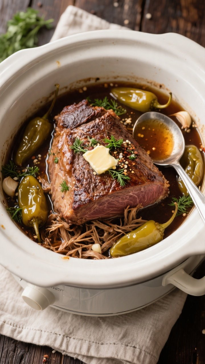 Tasty top view (process): Overhead shot of the seared, browned chuck roast nestled in a slow cooker 