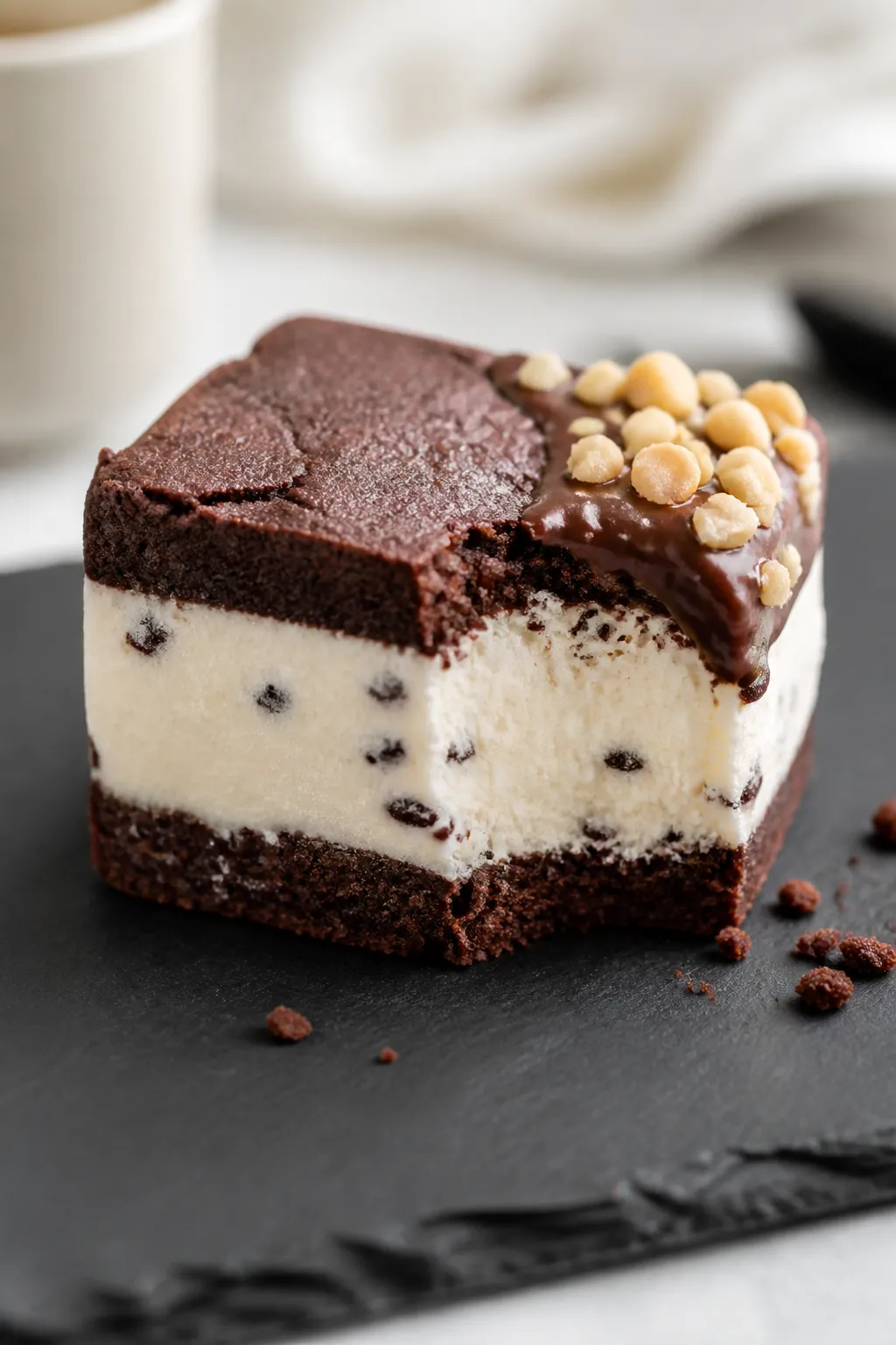 5-inch square, showing the soft, brownie-like almond flour cocoa cookie layers hugging a creamy vani