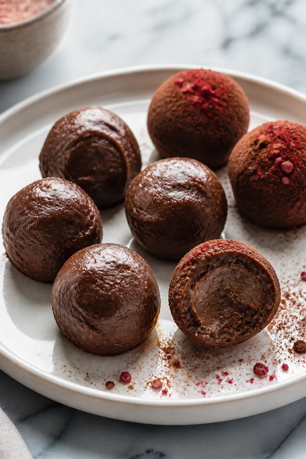 5 tablespoon balls, the mixture visibly velvety and rich from cream cheese, Greek yogurt, cocoa, and
