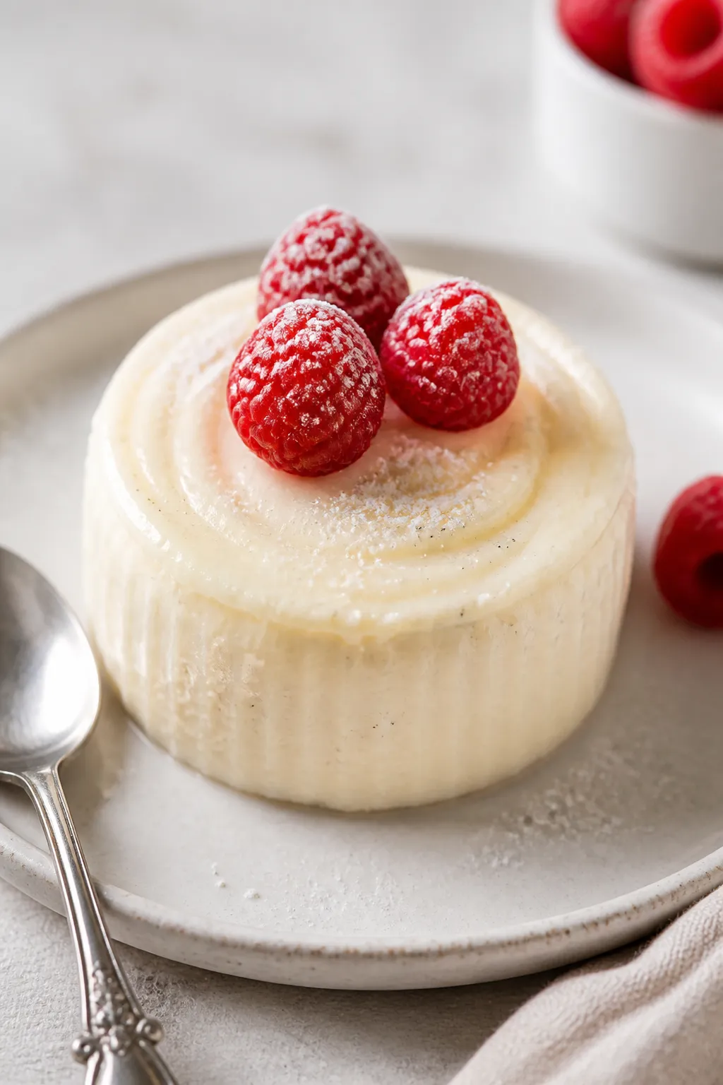 Close-up detail: A chilled Keto Vanilla Cheesecake Protein Cup just out of a silicone mold, ultra-cr