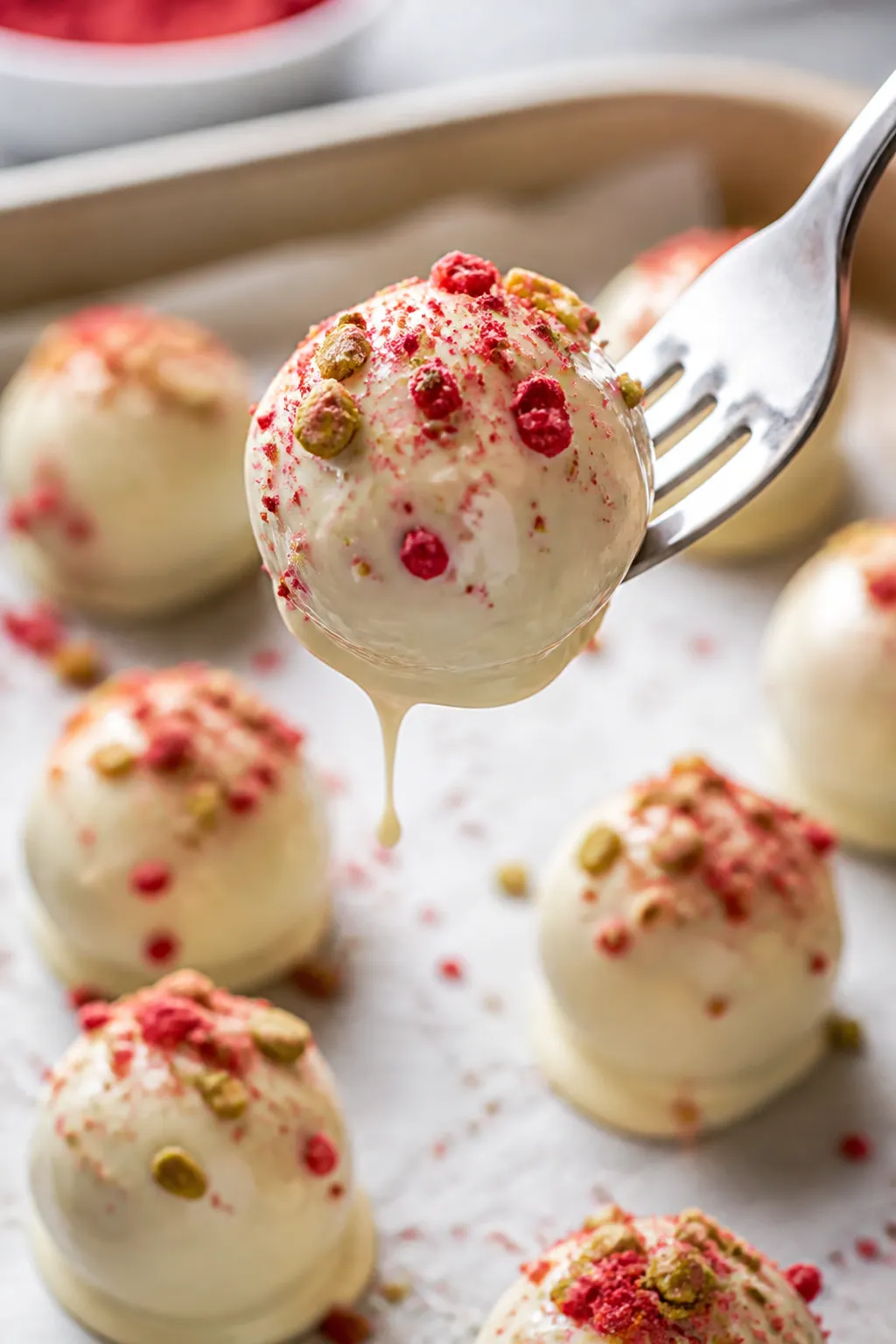 Close-up detail: A freshly dipped keto strawberry protein truffle held on a fork above a parchment-l