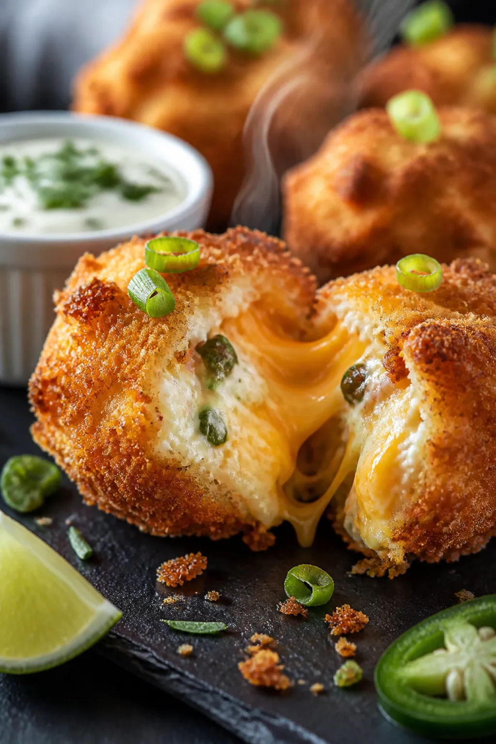 Close-up detail: A golden, breadcrumb-crusted Jalapeño Popper Chicken Bite just split open to revea