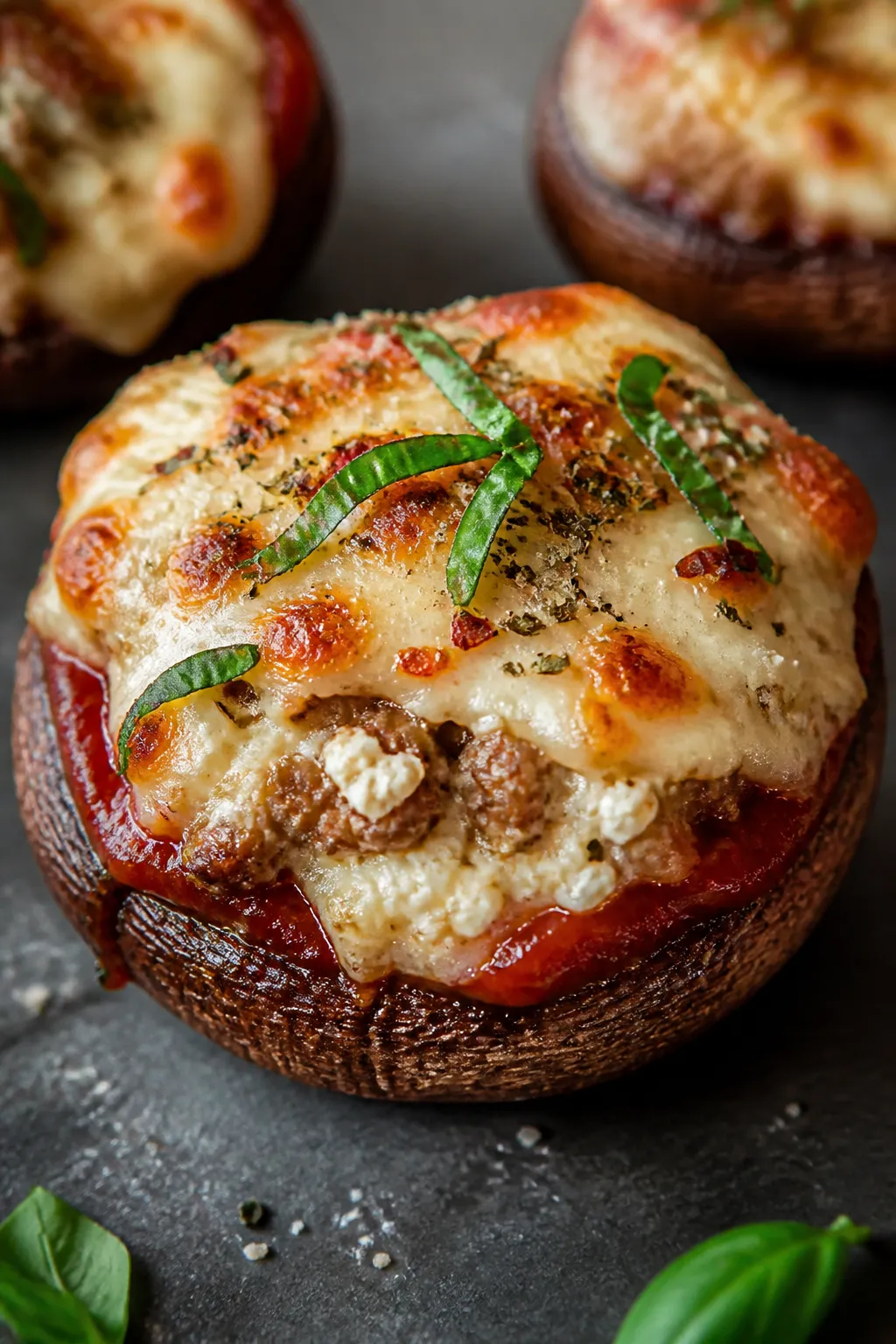 Close-up detail: A just-baked pizza stuffed mushroom cap with bubbling, lightly browned part-skim mo