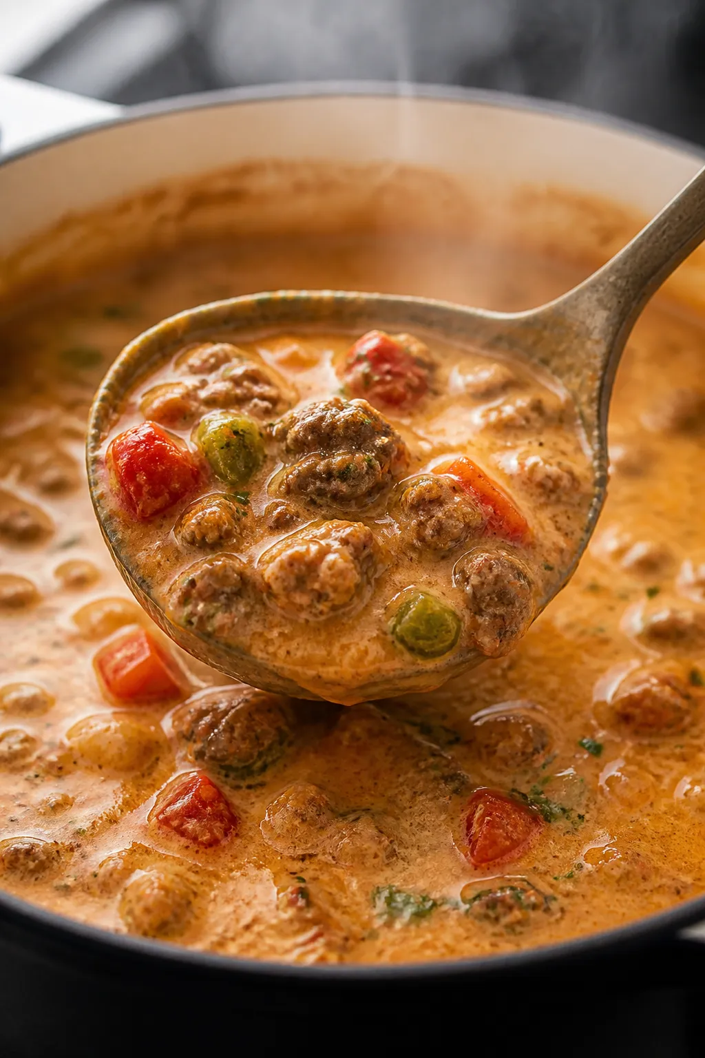 Close-up detail: A ladle lifting creamy Keto Ranch Chili from a simmering Dutch oven, showing tender