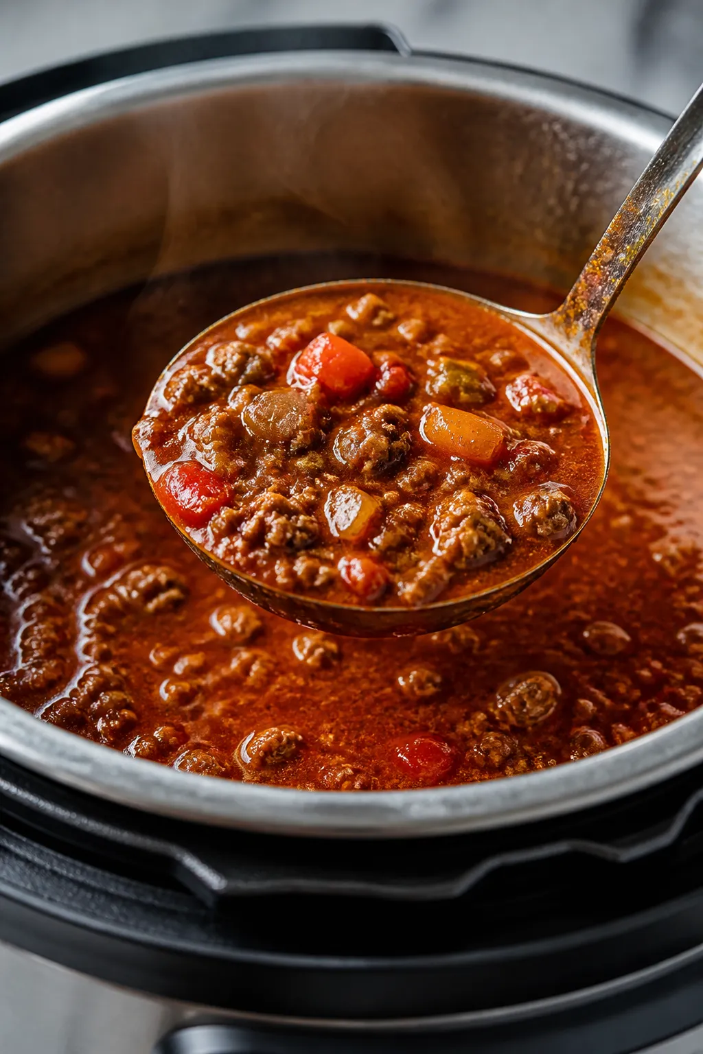 Close-up detail: A ladle lifting rich, simmering Keto Instant Pot chili from the open Instant Pot, s