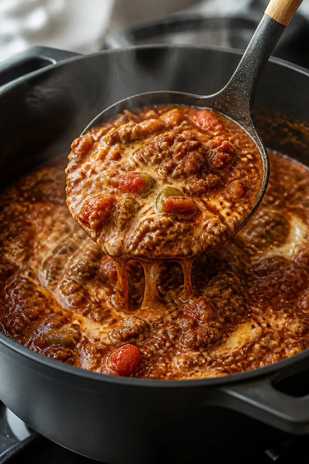 Close-up detail: A ladle lifting thick, simmered keto beef chili from a matte black Dutch oven, show