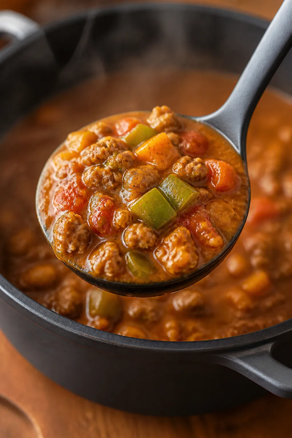 Close-up detail: A ladle lifting thick, simmering keto pumpkin chili from a Dutch oven, showcasing g