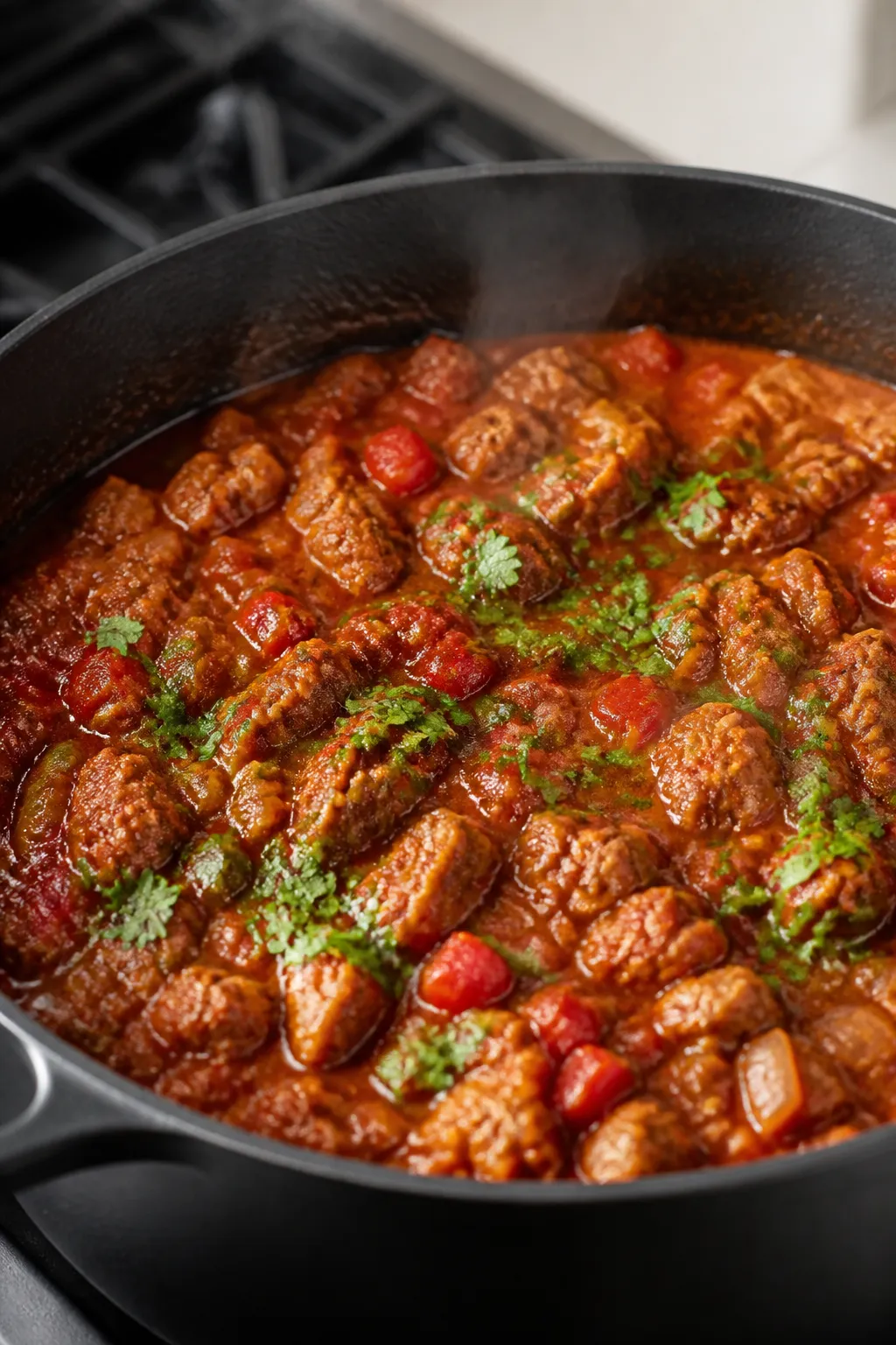 Close-up detail: A rich, simmering pot of keto chicken chili mid-cook in a matte black Dutch oven, s