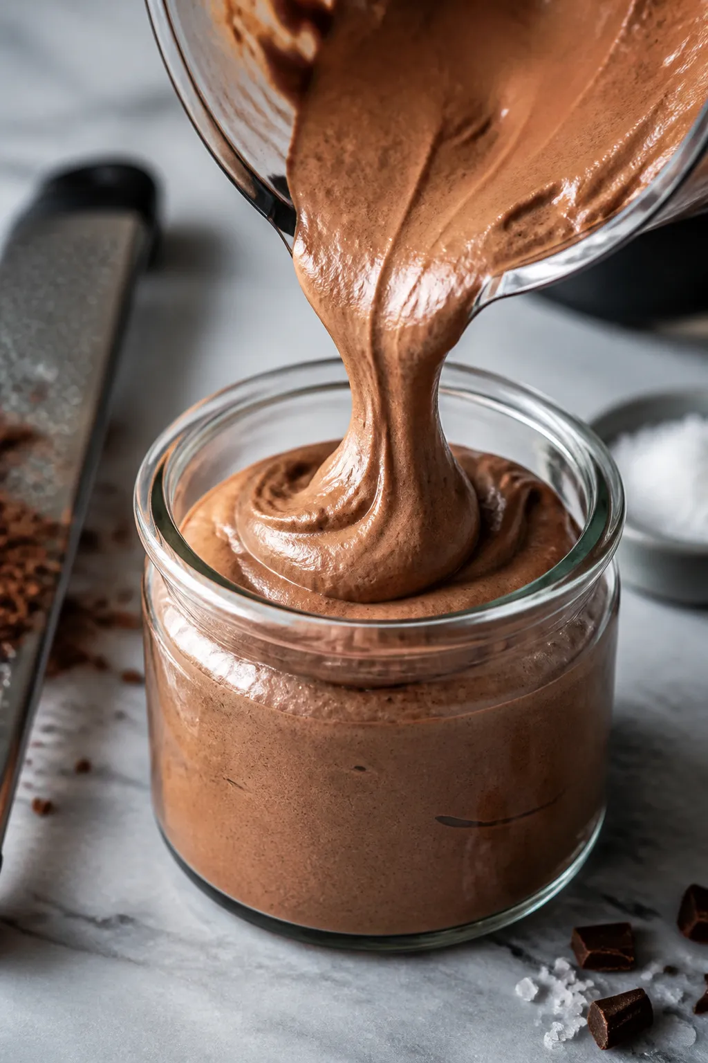 Close-up detail: A silky ribbon of high-protein chocolate mousse streaming from a blender spout into