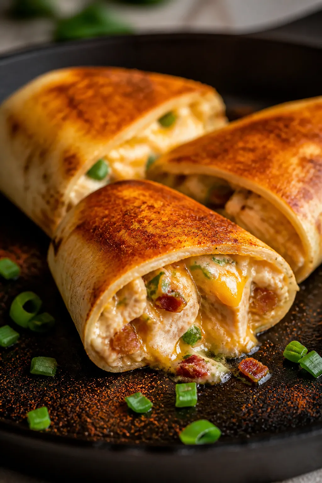 Close-up detail: A sliced, pan-seared Crack Chicken Roll Up on a warm cast-iron skillet, seam-side d