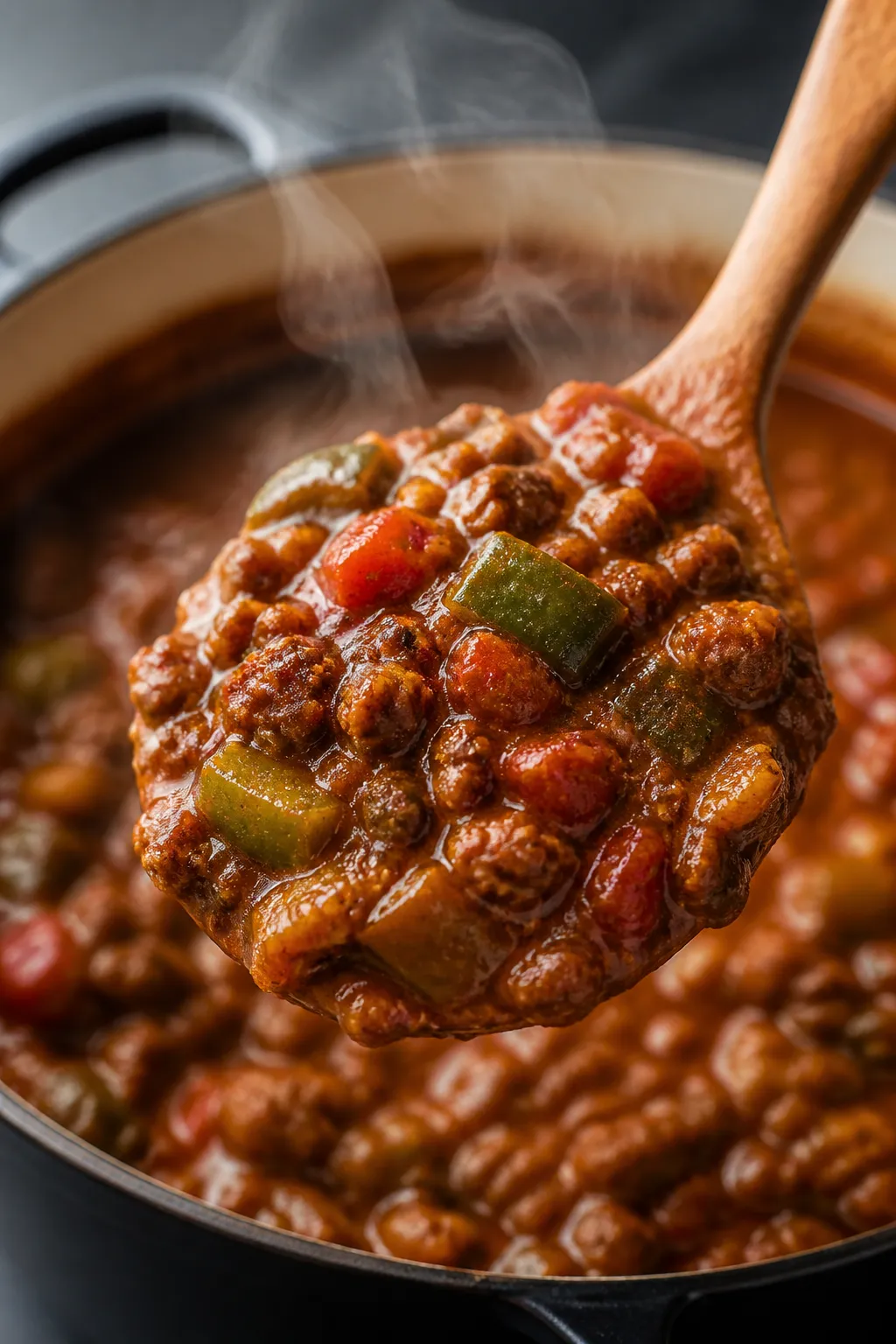 Close-up detail: A thick, spoon-coating scoop of Keto Smoky Chipotle Chili just lifted from a cast-i