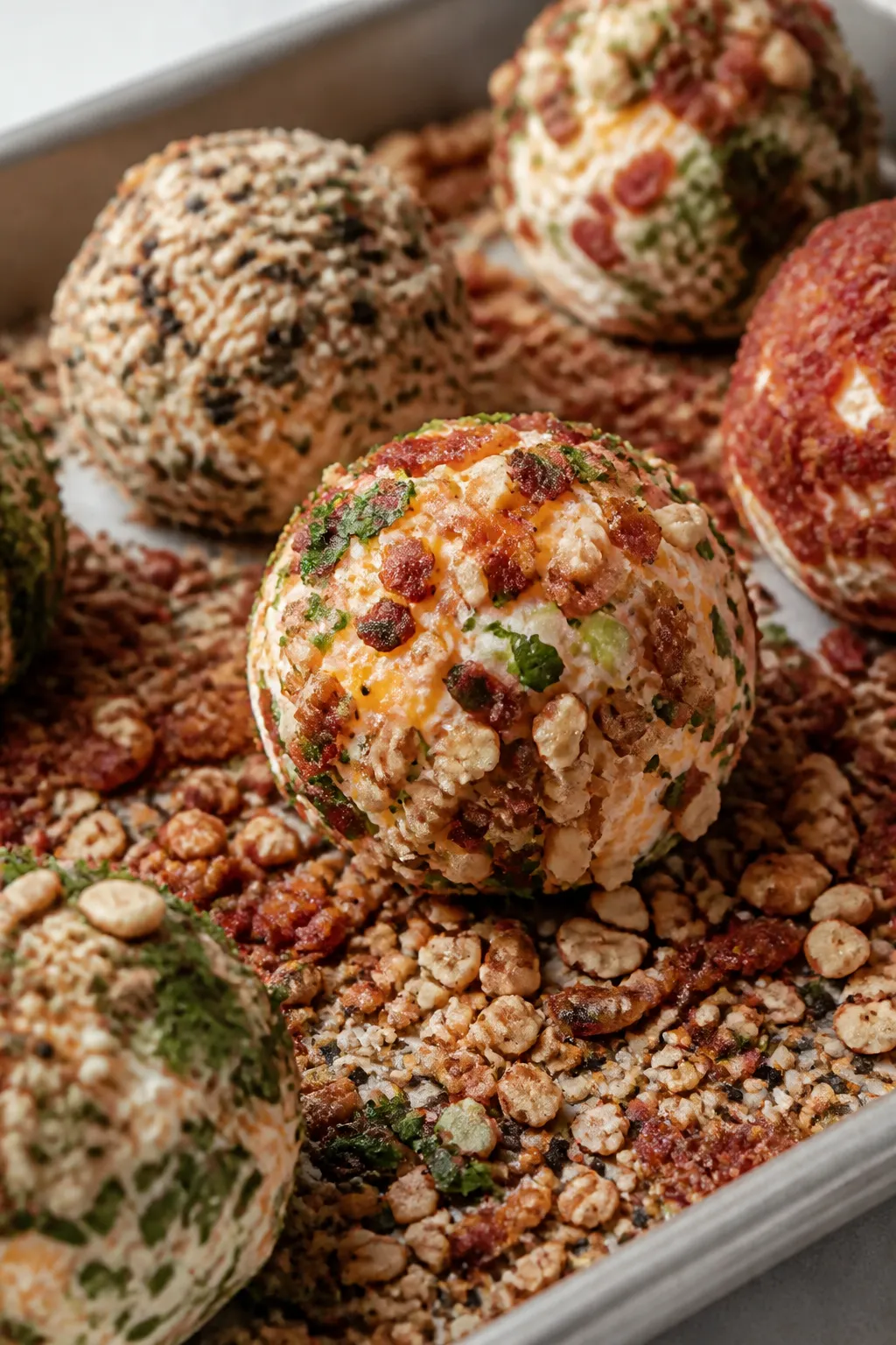 Close-up detail: A tray of chilled, bite-size Bacon Ranch Cheese Ball Bites being rolled in mixed cr